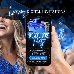 Invito digitale per la festa di laurea, invito animato per la festa di addio al college blu, invito per l&#39;addio al diploma, eCard auto-modificabile
