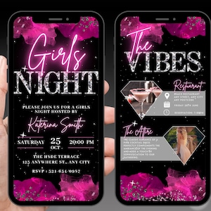 Digital Girls Night Out Invitation, Animated Hot Pink Birthday Invite, Bachelorette Party Evite, Self Editable Custom Canva Itinerary eCard