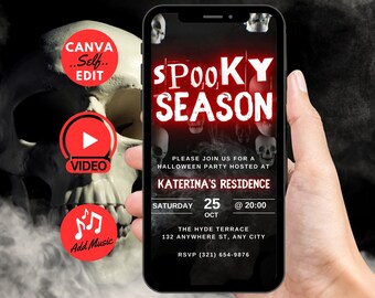 Puede incluir: Una invitación digital para una fiesta de Halloween con un fondo de calavera espeluznante. La invitación dice "Spooky Season" en texto rojo e incluye detalles sobre la fiesta, incluida la fecha, la hora y la ubicación. La invitación se muestra en la pantalla de un teléfono inteligente.