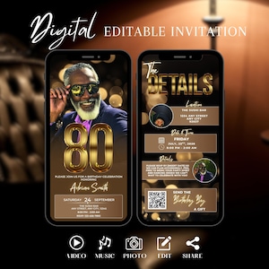 Editable 80th Birthday Invitation for Men, Dinner Party Evite, Classy Black and Gold Digital Template, Brown 80th Milestone Party Template