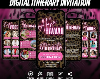 Digital Hawaii Itinerary Invitation, Birthday Weekend Girls Travel Invite, Bachelorette Leopard Print Girls Trip, Editable Schedule Planner