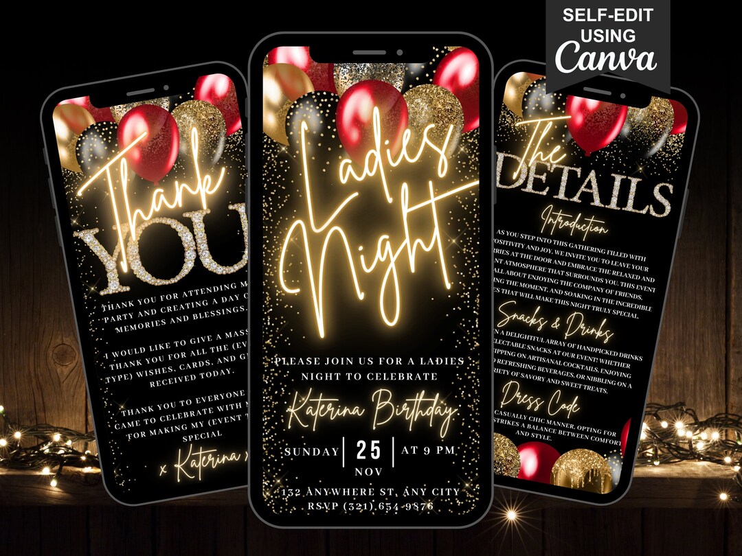 Digital Ladies Night Out Invitation, Animated Black Gold Red Birthday ...
