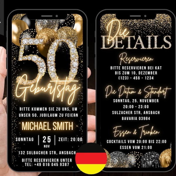 Deutsche digitale eCARD-Einladung zum 50. Geburtstag, animierte schwarzgoldene Fifty Partyeinladung für Sie oder Ihn, bearbeitbare Vorlage 3