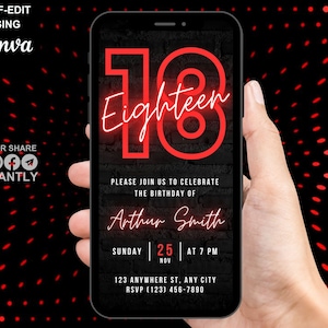 Digital 18th Birthday Party Red Neon Invitation, Electronic Phone Text Message Evite, Editable Animated Template Invite For Boys Girls