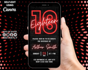 Invito digitale per la festa di 18° compleanno con sfondo rosso neon, invito elettronico tramite SMS, modello animato modificabile per ragazzi e ragazze
