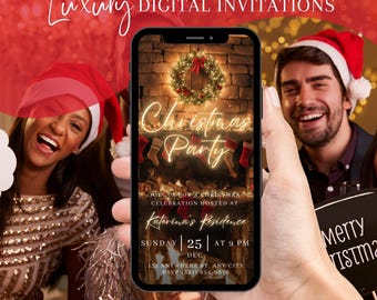 Pode incluir: Um smartphone exibe um convite para uma festa de Natal com uma cena de lareira, uma coroa e o texto "Christmas Party". O convite inclui detalhes para uma celebração na casa de Katerina em 25 de dezembro às 21h. Pessoas com chapéus de Papai Noel também são visíveis.