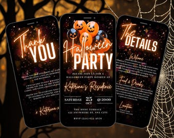 Könnte beinhalten: Eine Halloween-Partyeinladung mit schwarzem Hintergrund und orangefarbenen und schwarzen Jack-o'-Lantern-Ballons. Der Text lautet "Halloween Party" und "Bitte schließen Sie sich uns zu einer Halloween-Party an, die in Katerinas Residenz stattfindet" mit Datum und Uhrzeit der Party. Die Einladung enthält auch eine Dankeskarte und Details zur Party.