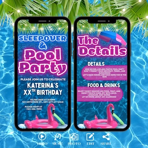 Digital Sleepover Pool Party Invitation. Pink Girls Tropical Summer Invite, Birthday Evite, Video eCard, Slumber DIY Editable Template