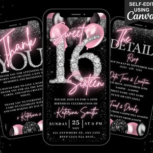 Puede incluir: Diseño de invitación digital para una fiesta de cumpleaños Sweet Sixteen. El diseño presenta un fondo negro con acentos rosas y plateados, incluyendo globos y purpurina. La invitación incluye los detalles del evento y el texto "Sweet Sixteen".