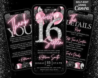 Sweet 16 Sixteen Birthday Invitation, Animated 16th Party Invite, Blush Pink Balloon Diamonds Evite, Editable Itinerary & Thank You eCard