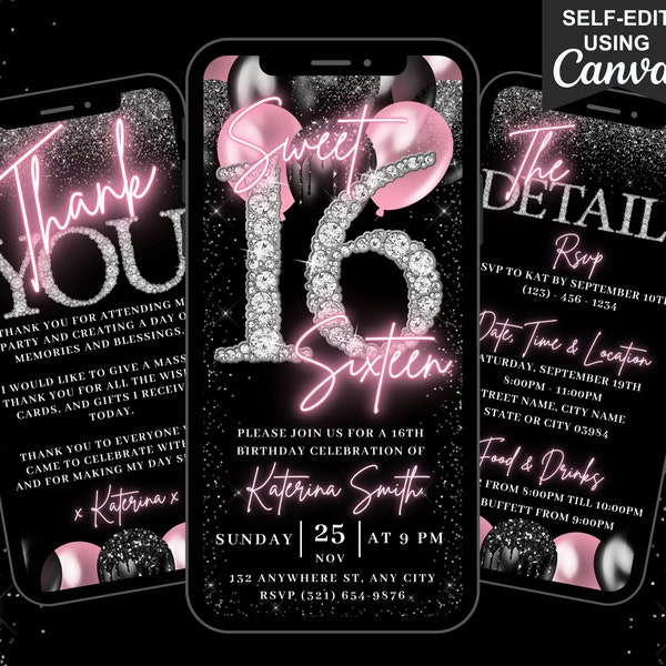 Sweet 16 zestien verjaardagsuitnodiging, geanimeerde 16e feestuitnodiging, Blush Pink Balloon Diamonds Evite, bewerkbare route & dank u eCard