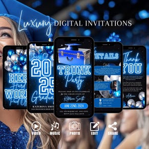 Invito digitale per la festa di laurea, invito animato blu per la festa di addio al college, invito per l&#39;addio alla laurea, eCard modificabile autonomamente