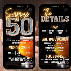 Digital Surprise 50th Birthday Invitation For Men, Beer Invite For Him, Rustic BBQ Fifty Party Evite For Man, Self Editable Itinerary Ecard