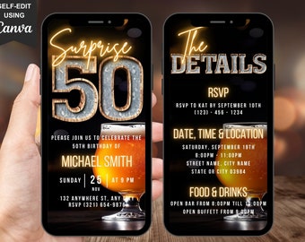 Digital Surprise 50th Birthday Invitation For Men, Beer Invite For Him, Rustic BBQ Fifty Party Evite For Man, Self Editable Itinerary Ecard