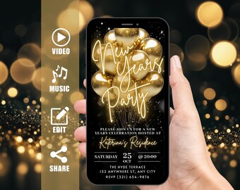 Puede incluir: Una maqueta de teléfono inteligente negro con un fondo de brillo dorado. La pantalla muestra una invitación a una fiesta de Nochevieja con globos dorados y el texto "New Years Party". La invitación incluye la fecha, la hora y la ubicación de la fiesta. También se incluye información de RSVP.