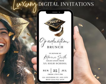 Invitación digital para el brunch de graduación de 2026, invitación para la fiesta de graduación en negro y dorado, invitación animada para la promoción de 2026 (Evite), plantilla de tarjeta electrónica para la escuela secundaria.