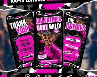 Galentine’s Party Digital Invitation, Leopard Ladies Night eCard, Wild Galentine’s Girls Night Invite, Editable Hot Pink Template