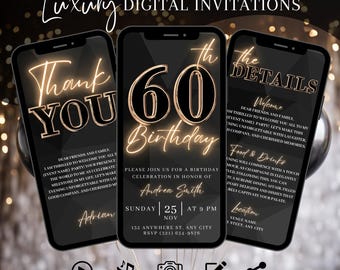 "60.Geburtstags-Party Einladung, Digitales Schwarz-Gold-Dinner-Einladung für Männer, Black-Tie-Video für Ihn, ""selbst bearbeitete Reiseplan-eCard""."