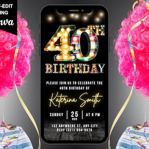 Puede incluir: Una invitación digital para una fiesta de cumpleaños número 40. La invitación presenta un fondo negro con un gran número 40 colorido e iluminado y la palabra "Cumpleaños" en luces. El texto "Por favor, únase a nosotros para celebrar el 40 cumpleaños de Katerina Smith" está debajo del número. La fecha, la hora y la ubicación de la fiesta se enumeran debajo del texto.