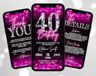 Digital 40th Birthday Invitation, Animated Hot Pink 40 Glam Diamond Invite For Her, Luxury Evite, Editable Video Itinerary & Thank You eCard