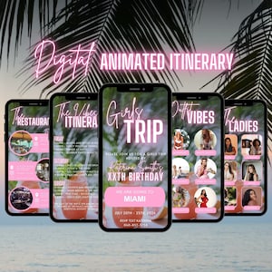Puede incluir: Una invitación digital para un viaje de chicas a Miami por el 20º cumpleaños de Katerina Smith. La invitación tiene un esquema de color rosa y blanco con un tema tropical. El texto de la invitación incluye las fechas del viaje, del 20 al 25 de julio de 2024, y un número de teléfono para confirmar la asistencia.