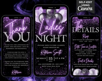 Editable Ladies Night Out Invitation, Purple Birthday Party Invite, Animated Bachelorette Evite