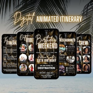 Digital Birthday Weekend Invitation, Animated Travel Itinerary, Black Gold Miami Vacation Schedule Trip Evite, Editable Planner Template