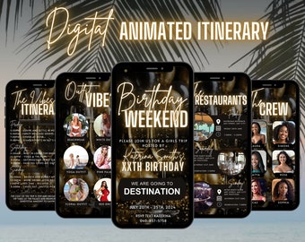 Digital Birthday Weekend Invitation, Animated Travel Itinerary, Black Gold Miami Vacation Schedule Trip Evite, Editable Planner Template