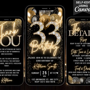 Digitale 33e verjaardagsuitnodiging, 33 uitnodigingen, geanimeerde zwartgouden ballon Diamond Party Black Tie Evite, bewerkbaar reisplan en e-card bedankt