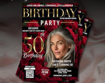 50th Birthday Magazine Cover Invitation, Digital Evite For Women, Gold Red Rose Glam Party Invite, DIY Social Media Flyer, Modern eCard