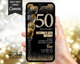 Digital 50th Birthday Party Invitation For Men, 50th Glam Invite Ecard, Video Black Gold Silver Diamond Evite For Him, Editable Template
