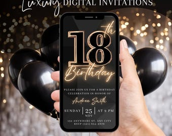18th Birthday Party Invitation, Digital Black Gold Dinner Invite For Men, Eighteenth Video Evite For Him, Self Editable DIY Template eCard