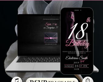 Surprise 18th Birthday Invitation With RSVP, Digital Black Luxury Envelope Evite, Elegant Pink Canva Template, Trackable Guest Site Invite