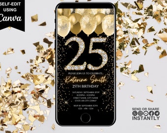 Invito digitale per la festa del 25° compleanno, invito animato per la festa del 25° compleanno, invito elettronico per la cena del brunch Gold Diamond, modello di eCard modificabile