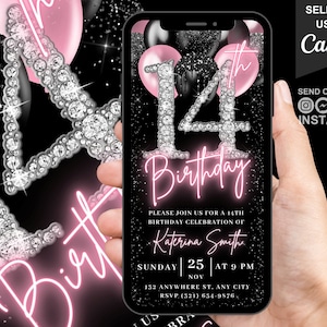 Digital 14th Birthday Invitation, Blush Pink Girls Sweet 14 Diamond Invite For Her, Fourteen Year Old Evite, Self Editable Template eCard
