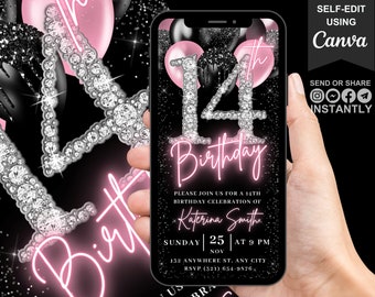 Digital 14th Birthday Invitation, Blush Pink Girls Sweet 14 Diamond Invite For Her, Fourteen Year Old Evite, Self Editable Template eCard