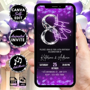 Convite digital para 8º aniversário, convite animado para festa de 8 anos com glitter, convite para festa de 8 anos com glitter roxo neon para meninas, modelo de cartão eletrônico autoeditável do Canva