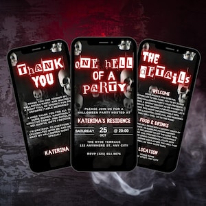 Puede incluir: Una invitación a una fiesta de Halloween con fondo negro y texto rojo. La invitación presenta un diseño de calavera y el texto "One Hell of a Party" y "The Details". La invitación incluye la fecha, la hora y la ubicación de la fiesta.