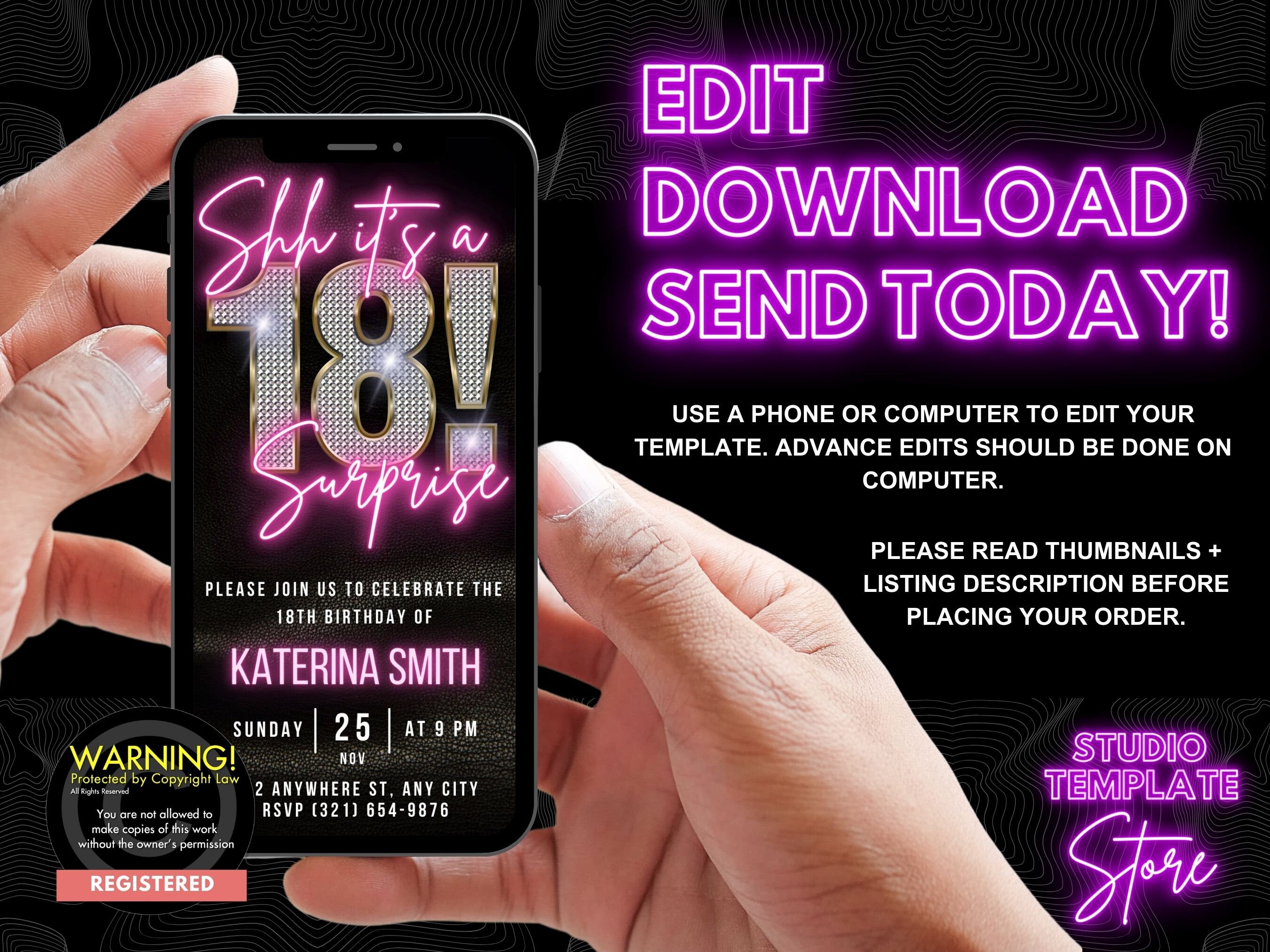 Digital 18th Birthday Invitation, Surprise Party Canva Template