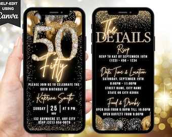Digital 50th Birthday Invitation & Itinerary eCard, Animated Fifty Black Gold B’day Bash Invite For Her, Custom Editable Phone Text Evite