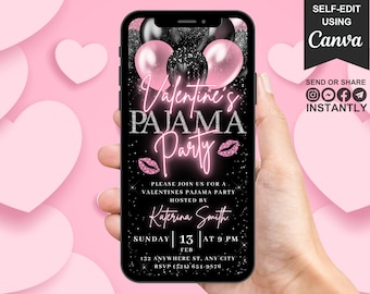 Op de afbeelding: Een digitale uitnodiging in zwart en roze voor een Valentijns Pyjama Party. De uitnodiging heeft een glinsterende achtergrond met roze lippen, ballonnen en de tekst "Valentine's Pajama Party". De tekst "Please join us for a Valentines Pajama Party hosted by Katerina Smith" is ook inbegrepen. De datum en tijd van het feest zijn aangegeven als "Sunday 13 at 9 PM Feb". Het adres is "132 Anywhere St. Any City" en het RSVP-nummer is "(521) 654-9576".