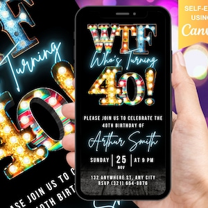 Convite digital para 40º aniversário, convite animado WTF 40, convite divertido para churrasco em tenda para adultos, cartão eletrônico com mensagem de texto editável para ela e para ele