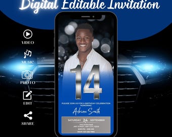 Invitation moderne pour 14e anniversaire en téléchargement numérique, invitation à un dîner élégant pour les garçons, Evite bleu et argent modifiable, modèle de luxe personnalisé