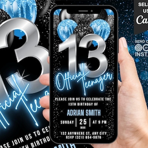 Digitale 13. offizielle Teenager-Einladung für Jungen, animierte 13. Geburtstag einladen, Neon Blau 13 Jahre altes Evite, selbst bearbeitbare Telefon eCard