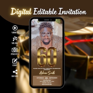 Digital 60th Birthday Invitation for Men, Dinner Party Evite, Classy Black and Gold Mens Invite, Brown 60th Milestone Male Party Template