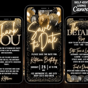 Digital Save The Date Black Gold Einladung, Geburtstagsfeier einladen, Neujahr oder Abschlussfeier Einladung, bearbeitbarer Reiseplan & Danke Ecard