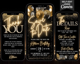 Digital Save The Date Black Gold Invitation, Birthday Party Invite, New Year or Graduation Evite, Editable Itinerary & Thank You Ecard