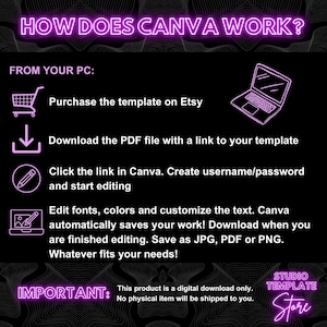 May include: A pink neon sign with the text "HOW DOES CANVA WORK?" and a series of steps on how to use Canva to edit a template purchased on Etsy. The steps include downloading a PDF file with a link to the template, clicking the link in Canva, creating a username and password, editing fonts and colors, and saving the work as a JPG, PDF, or PNG file.