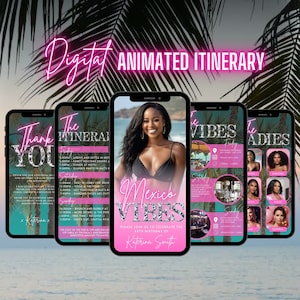 Digital Mexico Birthday Weekend Invitation, Animated Travel Cancun Itinerary, Girls Pink Vacation Schedule Trip, Editable Planner Template