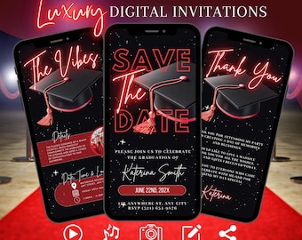 Invitación digital para guardar la fecha, invitación negra y roja para la clase de graduación de 2026, anuncio de graduación con Evite, despedida universitaria, tarjeta electrónica para la ceremonia de graduación